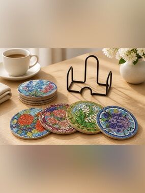 Diamond Dot Coaster Set of 8 Flower Designs with Metal Coaster Holder